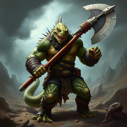 A powerful lizardfolk berserker, embodying raw rage and ferocity, stands ready for battle