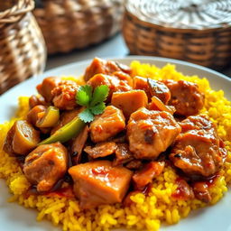 A beautifully plated Chicken Yassa dish featuring succulent pieces of marinated chicken in a rich, tangy onion sauce