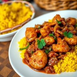 A beautifully plated Chicken Yassa dish featuring succulent pieces of marinated chicken in a rich, tangy onion sauce