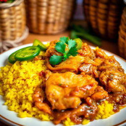 A beautifully plated Chicken Yassa dish featuring succulent pieces of marinated chicken in a rich, tangy onion sauce