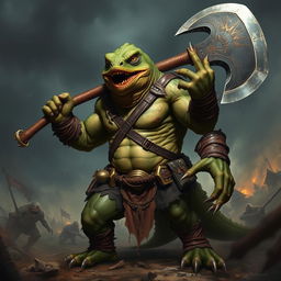 A powerful lizardfolk berserker, embodying raw rage and ferocity, stands ready for battle