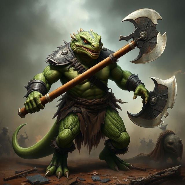 A powerful lizardfolk berserker, embodying raw rage and ferocity, stands ready for battle