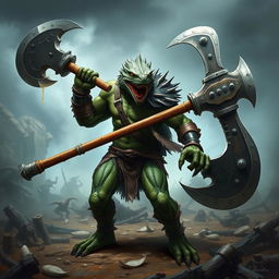 A powerful lizardfolk berserker, embodying raw rage and ferocity, stands ready for battle