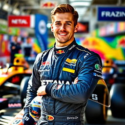 A portrait of a Formula One driver in a racing suit, showcasing their helmet tucked under one arm, standing confidently in the paddock