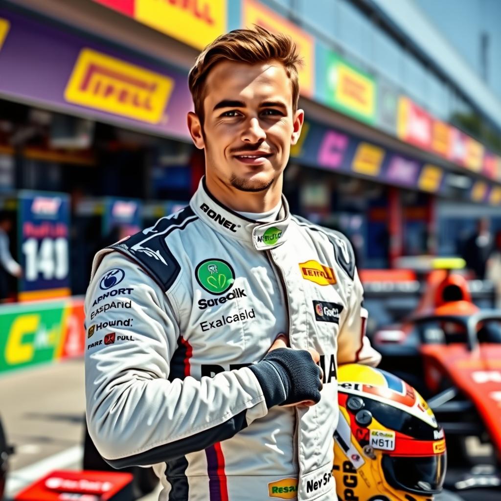 A portrait of a Formula One driver in a racing suit, showcasing their helmet tucked under one arm, standing confidently in the paddock