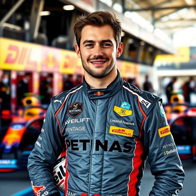 A portrait of a Formula One driver in a racing suit, showcasing their helmet tucked under one arm, standing confidently in the paddock