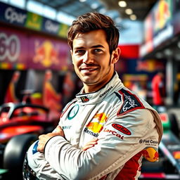 A portrait of a Formula One driver in a racing suit, showcasing their helmet tucked under one arm, standing confidently in the paddock