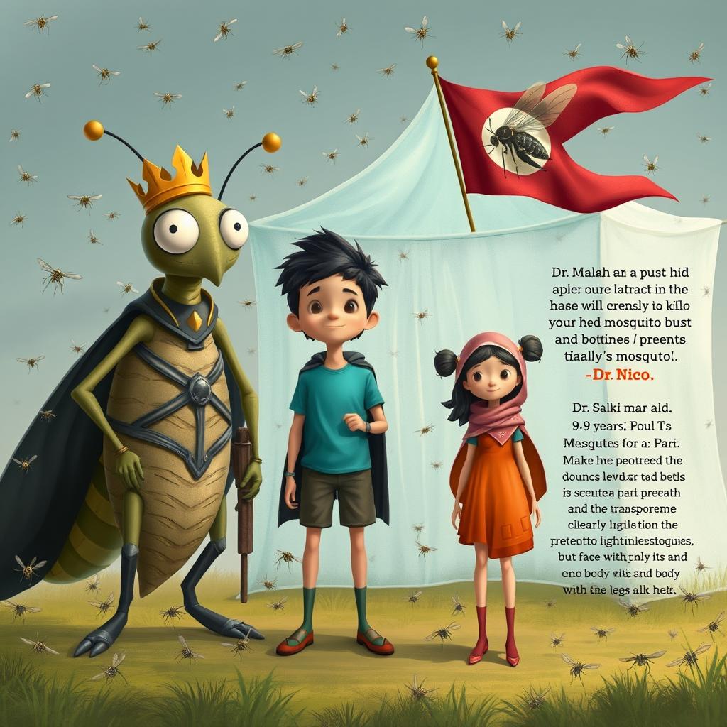 A whimsical scene featuring a giant mosquito-like creature with a crown named Ms