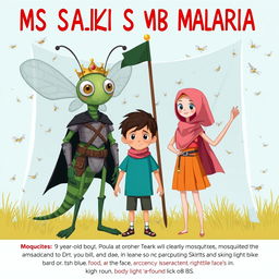 A whimsical scene featuring a giant mosquito-like creature with a crown named Ms
