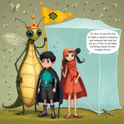 A whimsical scene featuring a giant mosquito-like creature with a crown named Ms