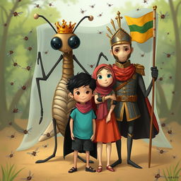 A whimsical scene featuring a giant mosquito-like creature with a crown named Ms