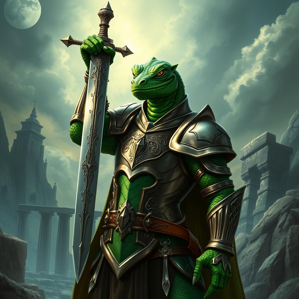 A formidable lizardfolk knight standing tall and proud, holding a gleaming sword above his head