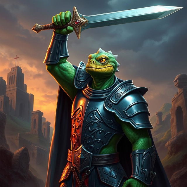 A formidable lizardfolk knight standing tall and proud, holding a gleaming sword above his head