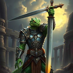 A formidable lizardfolk knight standing tall and proud, holding a gleaming sword above his head