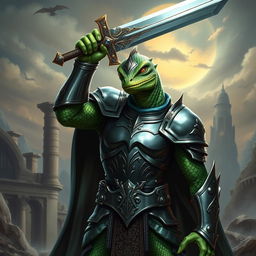 A formidable lizardfolk knight standing tall and proud, holding a gleaming sword above his head