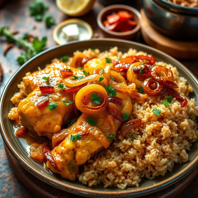 A beautifully styled plate of Chicken Yassa, showcasing tender, marinated chicken pieces simmered in a rich, tangy lemon and onion sauce, garnished with fresh herbs