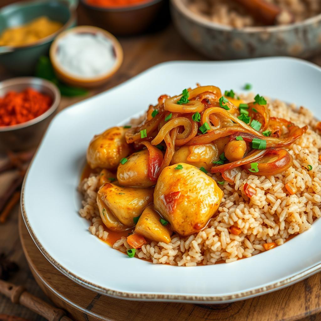 A beautifully styled plate of Chicken Yassa, showcasing tender, marinated chicken pieces simmered in a rich, tangy lemon and onion sauce, garnished with fresh herbs