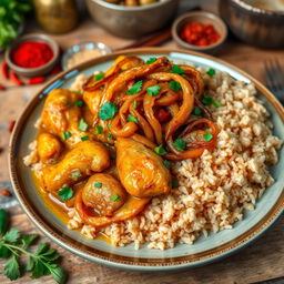 A beautifully styled plate of Chicken Yassa, showcasing tender, marinated chicken pieces simmered in a rich, tangy lemon and onion sauce, garnished with fresh herbs