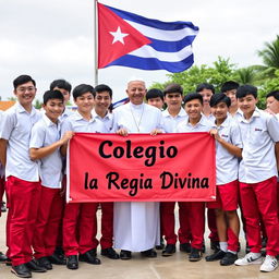 A group of adolescent male students, predominantly white, dressed in uniforms consisting of red pants and black shoes, posing for their graduation photo alongside a priest who is their teacher