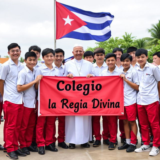 A group of adolescent male students, predominantly white, dressed in uniforms consisting of red pants and black shoes, posing for their graduation photo alongside a priest who is their teacher