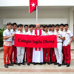 A group of adolescent male students, predominantly white, dressed in uniforms consisting of red pants and black shoes, posing for their graduation photo alongside a priest who is their teacher