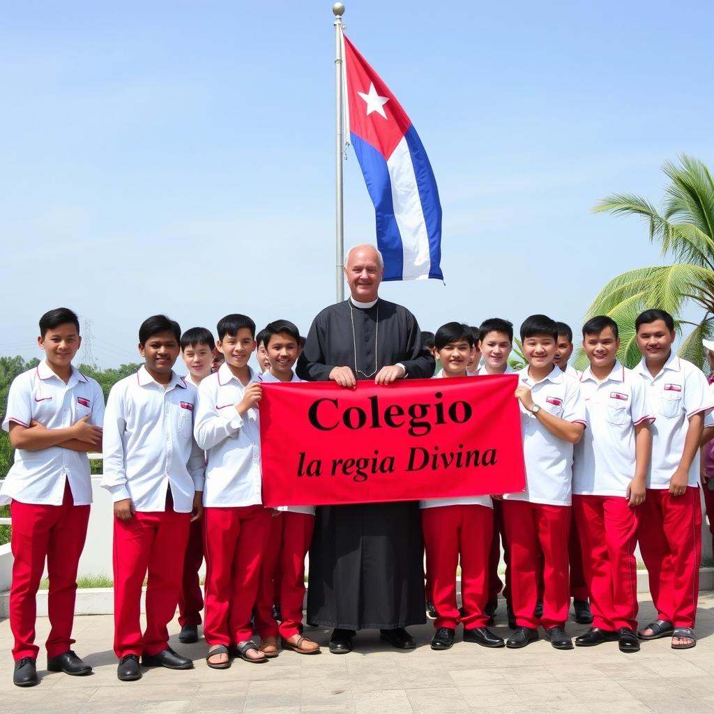 A group of adolescent male students, predominantly white, dressed in uniforms consisting of red pants and black shoes, posing for their graduation photo alongside a priest who is their teacher