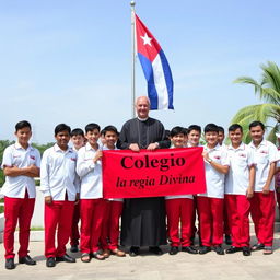 A group of adolescent male students, predominantly white, dressed in uniforms consisting of red pants and black shoes, posing for their graduation photo alongside a priest who is their teacher