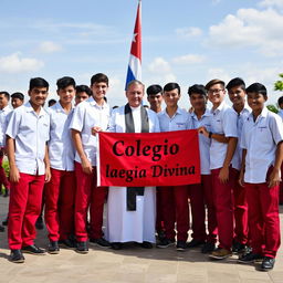 A group of adolescent male students, predominantly white, dressed in uniforms consisting of red pants and black shoes, posing for their graduation photo alongside a priest who is their teacher