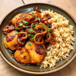 A beautiful plate of Chicken Yassa, featuring succulent marinated chicken pieces cooked to perfection, served with a generous topping of richly caramelized onions that glisten with a savory glaze