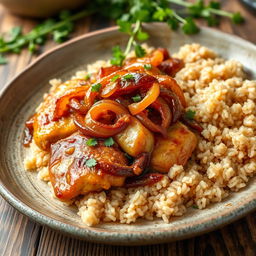 A beautiful plate of Chicken Yassa, featuring succulent marinated chicken pieces cooked to perfection, served with a generous topping of richly caramelized onions that glisten with a savory glaze
