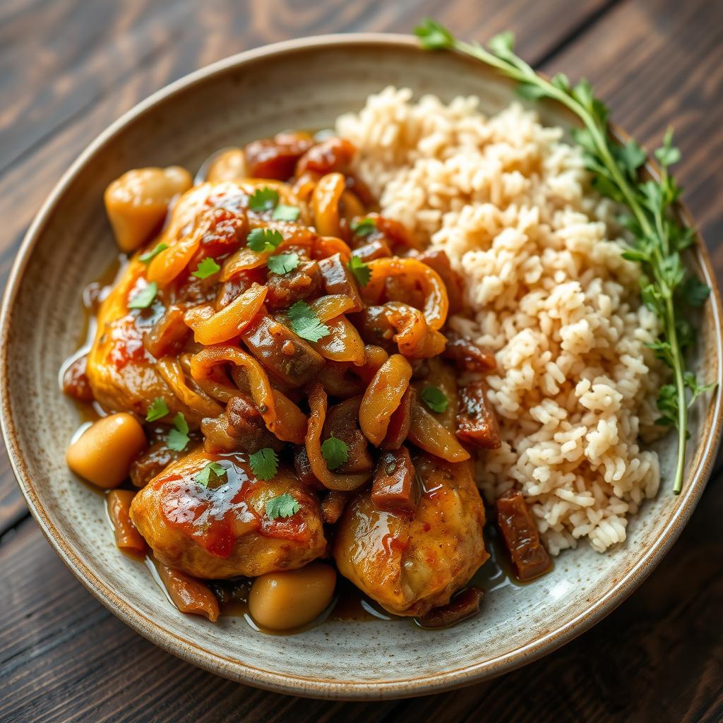 A beautiful plate of Chicken Yassa, featuring succulent marinated chicken pieces cooked to perfection, served with a generous topping of richly caramelized onions that glisten with a savory glaze