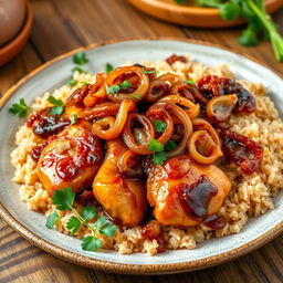 A beautiful plate of Chicken Yassa, featuring succulent marinated chicken pieces cooked to perfection, served with a generous topping of richly caramelized onions that glisten with a savory glaze