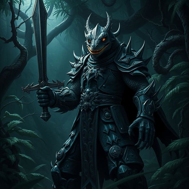 A sinister lizardfolk knight, embodying malevolence, stands in a dense, shadowy jungle, gripping a menacing sword with a wicked glint