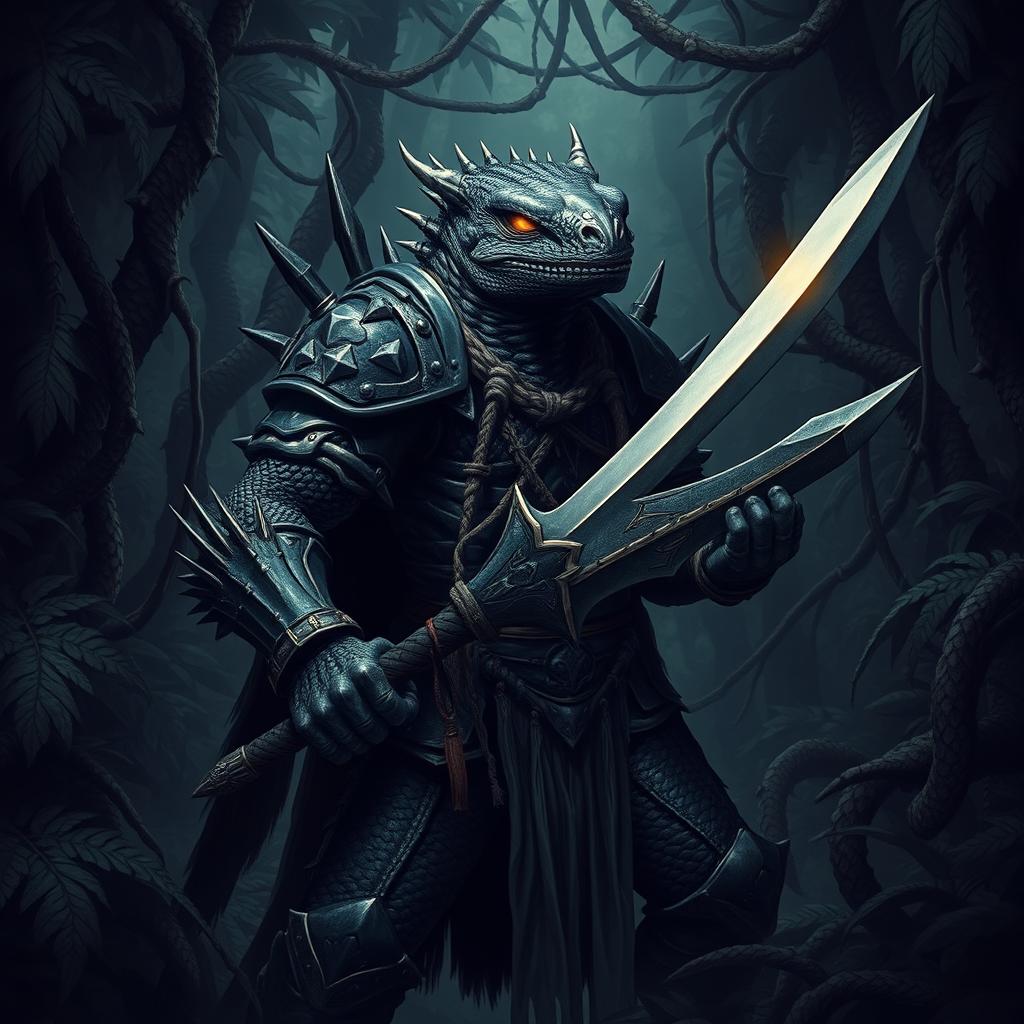 A sinister lizardfolk knight, embodying malevolence, stands in a dense, shadowy jungle, gripping a menacing sword with a wicked glint