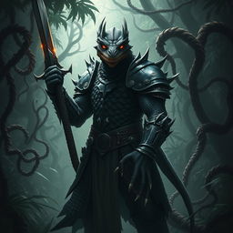 A sinister lizardfolk knight, embodying malevolence, stands in a dense, shadowy jungle, gripping a menacing sword with a wicked glint
