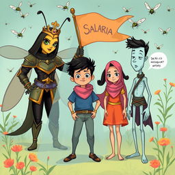 A whimsical scene featuring a female character named Salaki, who resembles a large mosquito crowned with a regal tiara, standing beside Mr