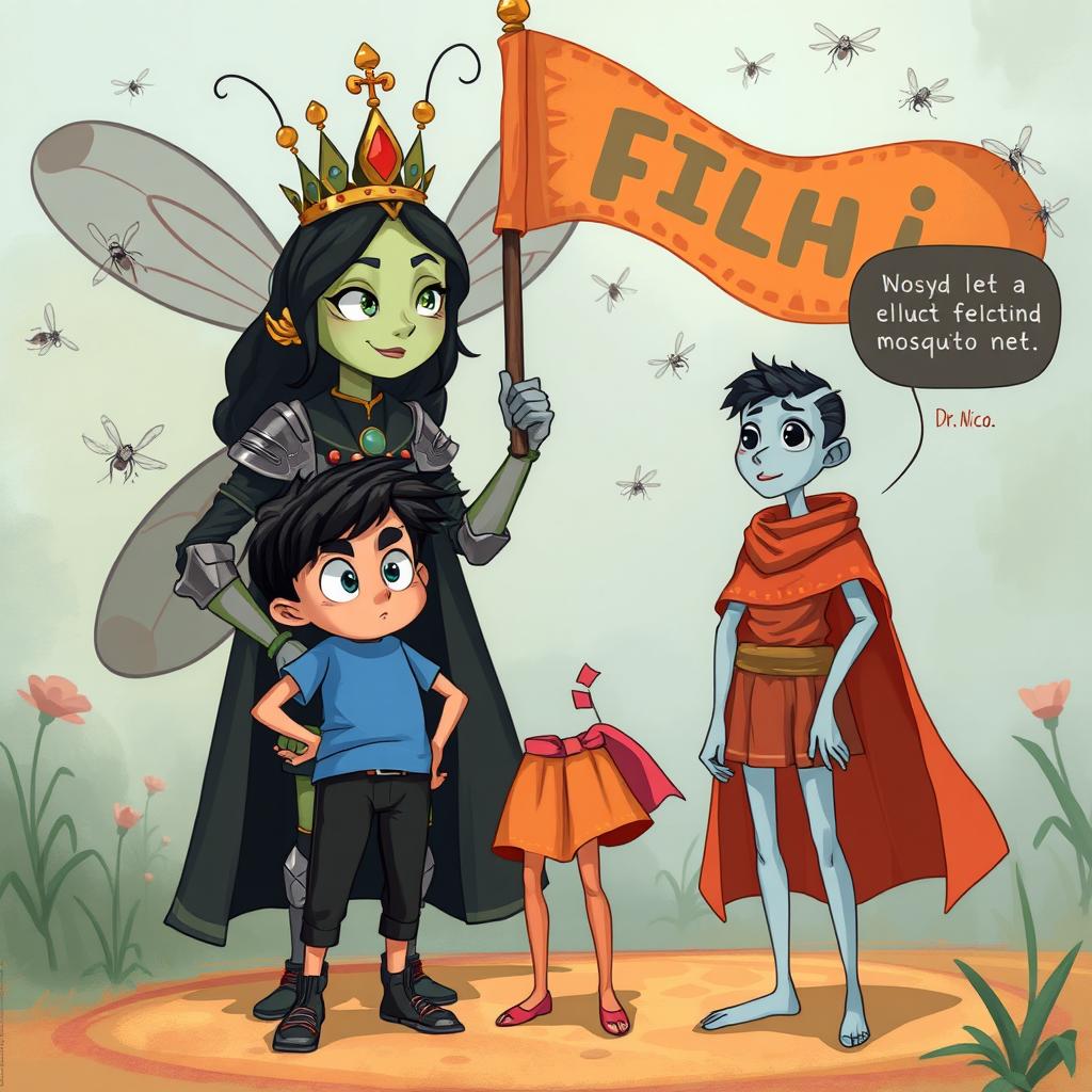 A whimsical scene featuring a female character named Salaki, who resembles a large mosquito crowned with a regal tiara, standing beside Mr