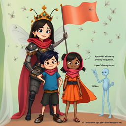 A whimsical scene featuring a female character named Salaki, who resembles a large mosquito crowned with a regal tiara, standing beside Mr