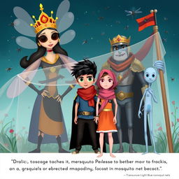 A whimsical scene featuring a female character named Salaki, who resembles a large mosquito crowned with a regal tiara, standing beside Mr