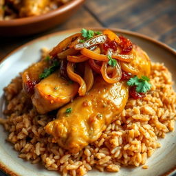 A beautifully arranged plate of Chicken Yassa, featuring tender, marinated chicken pieces cooked to perfection, topped with a generous portion of caramelized onions that are golden brown and glistening