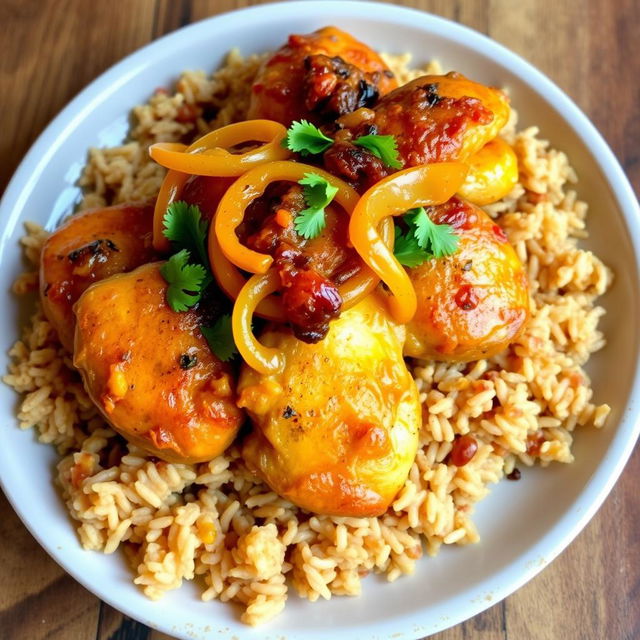 A beautifully arranged plate of Chicken Yassa, featuring tender, marinated chicken pieces cooked to perfection, topped with a generous portion of caramelized onions that are golden brown and glistening