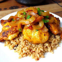 A beautifully arranged plate of Chicken Yassa, featuring tender, marinated chicken pieces cooked to perfection, topped with a generous portion of caramelized onions that are golden brown and glistening