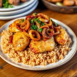A beautifully arranged plate of Chicken Yassa, featuring tender, marinated chicken pieces cooked to perfection, topped with a generous portion of caramelized onions that are golden brown and glistening