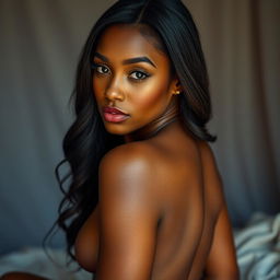 A beautiful 25-year-old woman with dark skin, striking features, and an alluring pose