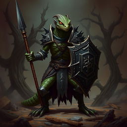 A sinister lizardfolk knight, exuding malevolence and cunning, stands in a menacing stance, gripping a javelin in one hand and a dark, spiked shield in the other