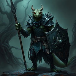 A sinister lizardfolk knight, exuding malevolence and cunning, stands in a menacing stance, gripping a javelin in one hand and a dark, spiked shield in the other