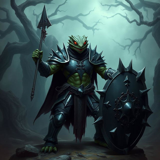 A sinister lizardfolk knight, exuding malevolence and cunning, stands in a menacing stance, gripping a javelin in one hand and a dark, spiked shield in the other