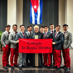 A group of elegant adolescent male students, predominantly white, dressed in stylish uniforms featuring red pants and shiny black shoes