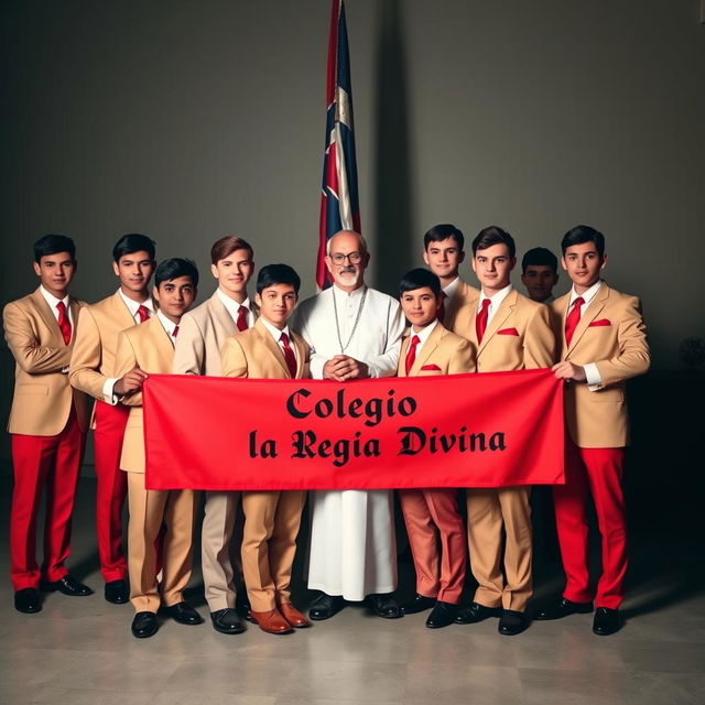 A group of elegant adolescent male students, predominantly white, dressed in stylish uniforms featuring red pants and shiny black shoes