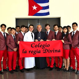 A group of elegant adolescent male students, predominantly white, dressed in stylish uniforms featuring red pants and shiny black shoes